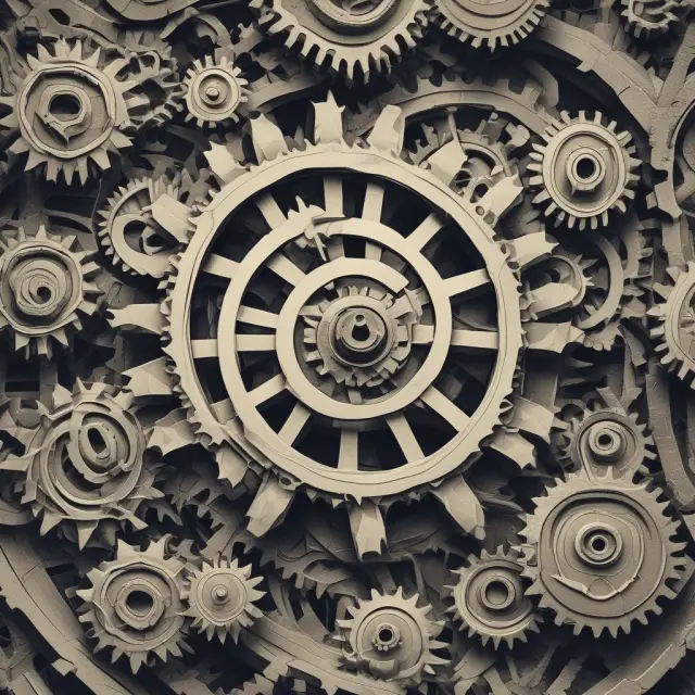An image of interconnected gears representing internal processes and chaotic elements symbolizing external risks
