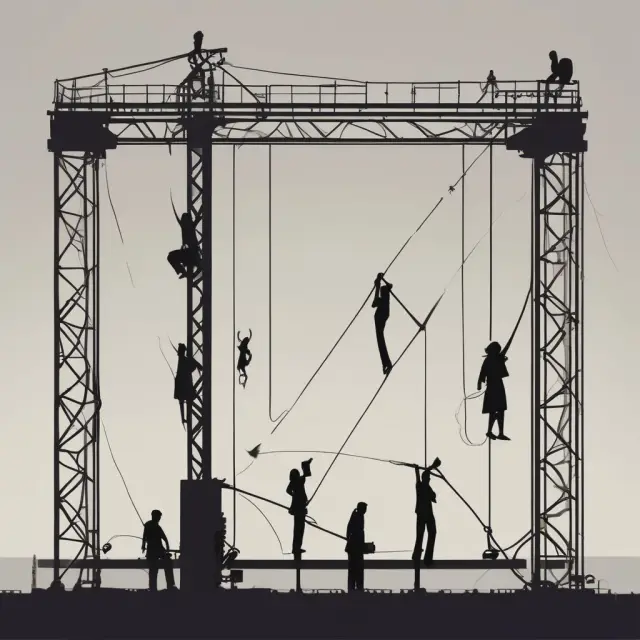 Employees balancing on machinery represent human role in managing operational risks. Processes run beneath them.