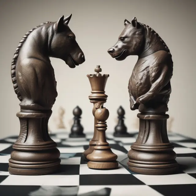 A chessboard with a passive bull representing economies of scale and lower transaction costs, facing an active bear symbolizing increased trading costs and higher management fees.