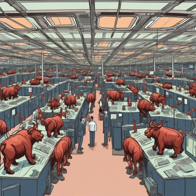 Bulls and bears trading in an automated digital marketplace, depicting operational efficiency through bulk transactions and minimized fees