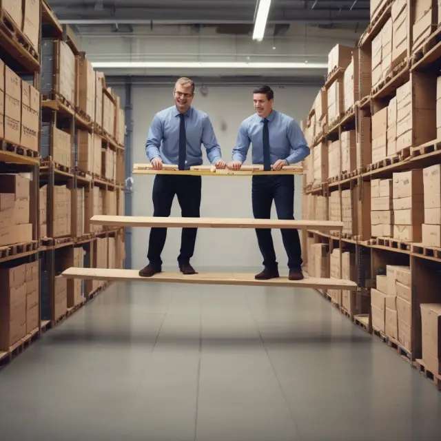Operations managers managing inventory levels and logistics, with a seesaw symbolizing the balance needed for efficient business operations