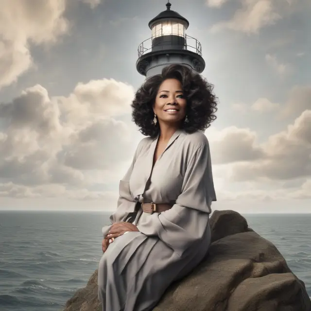 Oprah Winfrey as a beacon in the form of a lighthouse, symbolizing her guidance and impact on various industries