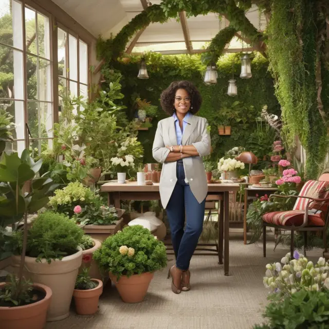 Oprah Winfrey symbolically tending to a flowering plant representing Nate Berkus