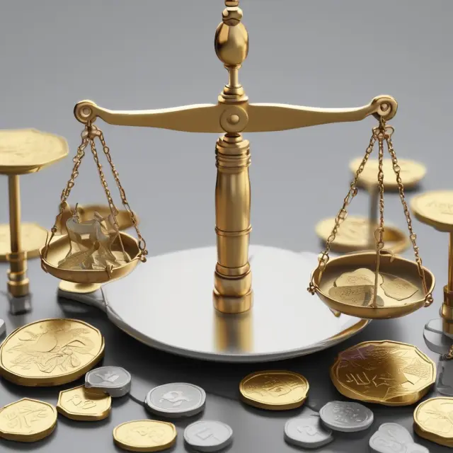 Golden balance scale with debt (gold bars) and equity (silver coins), demonstrating WACC optimization in corporate finance.