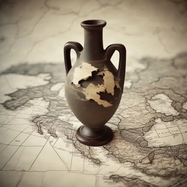 An ancient Greek amphora sits atop a shattered European map, signifying the 2009–2015 debt crisis and EMU