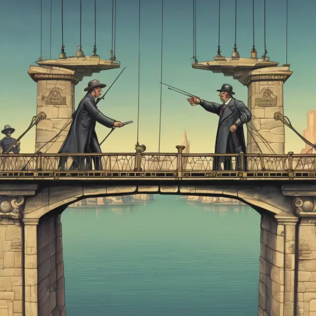 Two economists in debate, standing on a bridge symbolizing policy preferences, with Mundell