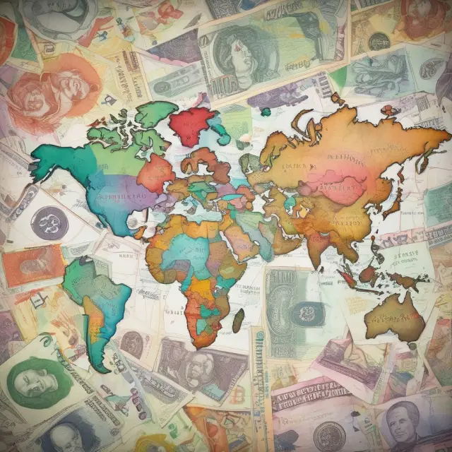 An intricate network of currencies connecting economically integrated continents, symbolizing the benefits and challenges of an optimal currency area in shaping international trade