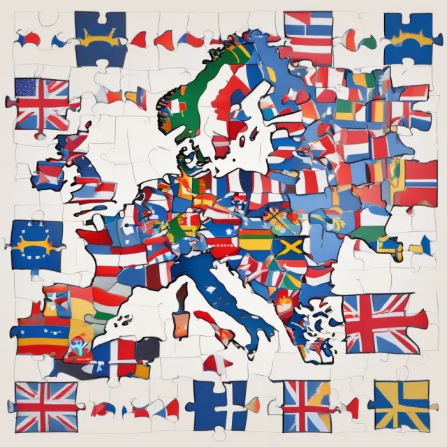 Interconnected EU flags signifying an optimal currency area and the economic benefits of shared currencies
