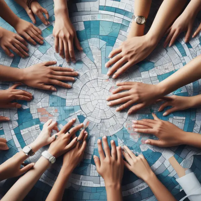 A group of diverse hands working together to build a mosaic of investment charts, representing individual and institutional investors joining forces for effective optimization strategies.