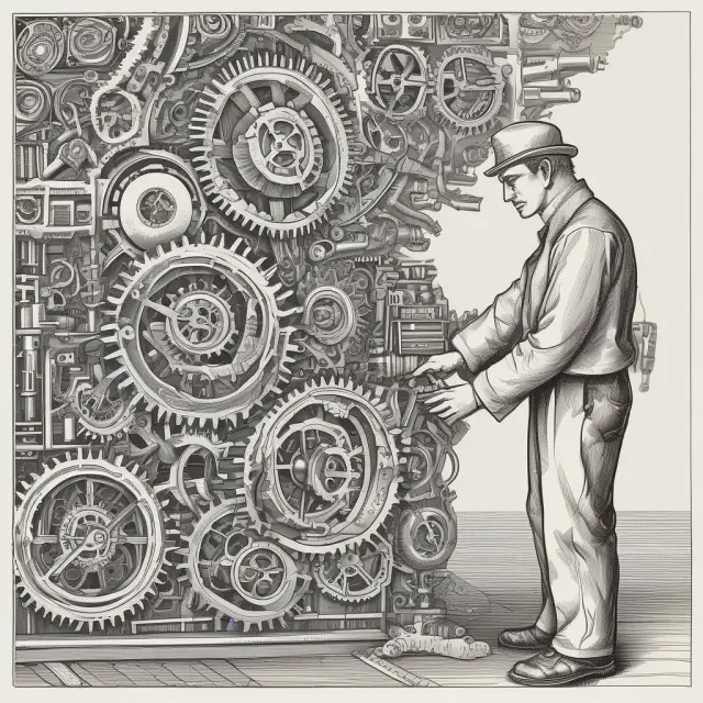 A mathematician adjusting the gears of a complex optimization machine, illustrating the role of mathematics in business optimization.