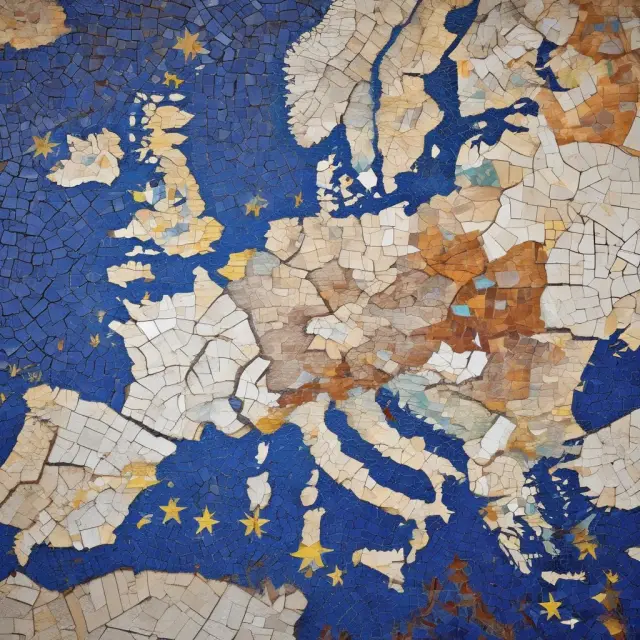 A fractured EU map with two sides representing the Eurozone, depicting the challenges faced during the eurozone crisis in relation to OCA criteria