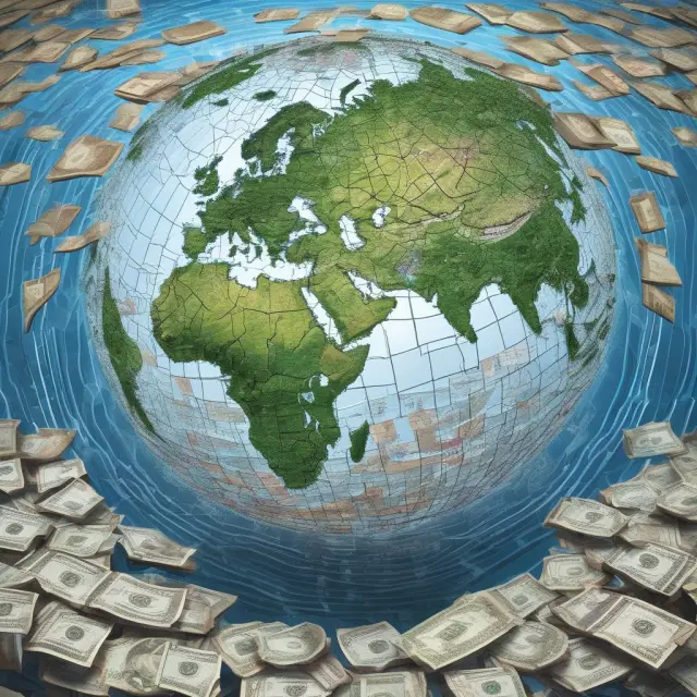 An image of currency rivers on a digital globe, representing the impact of global economic trends on Optimum Currency Area Theory.