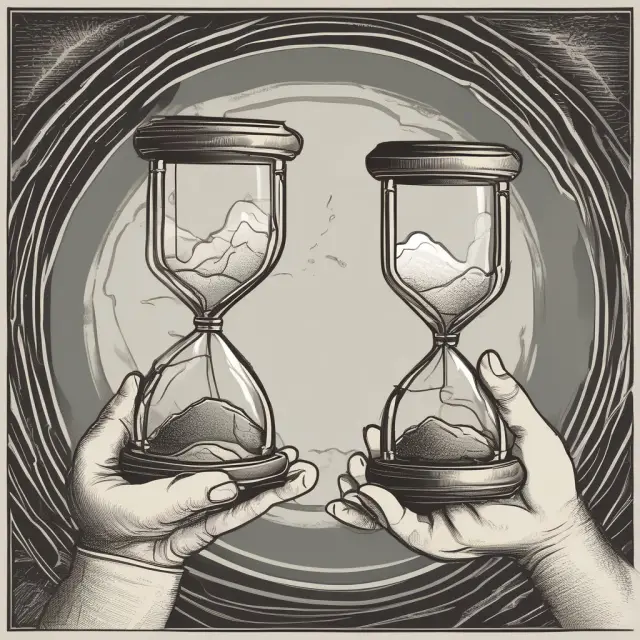 A depiction of option premium components: two intertwined hands holding hourglasses, symbolizing intrinsic value and time value. A volatility bubble signifies implied volatility floating above.