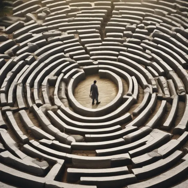 An investor navigating a maze filled with options symbols, representing risk management, income generation, speculation, and leveraged exposure