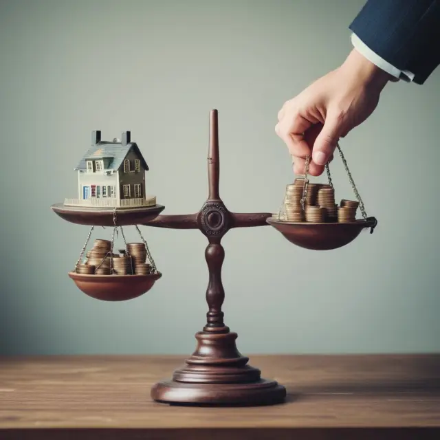 A person ponders between two mortgages: Option ARM with an interest-only payment and a traditional mortgage. Scales represent the financial implications of each choice.