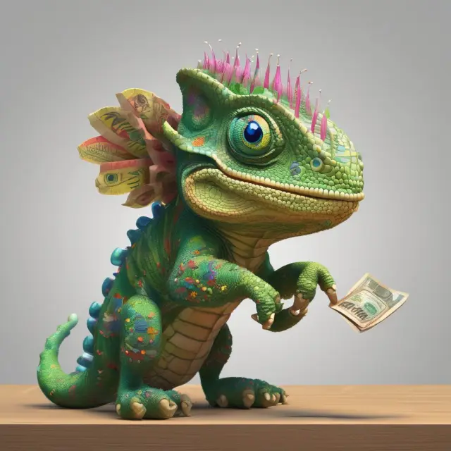 A green chameleon choosing between minimum payments, interest-only payments, and fully amortized payments from a table on a leaf