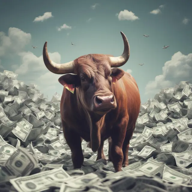 An optionable bull in a bustling market scene surrounded by earnings reports and various investment strategies, illustrating stock options