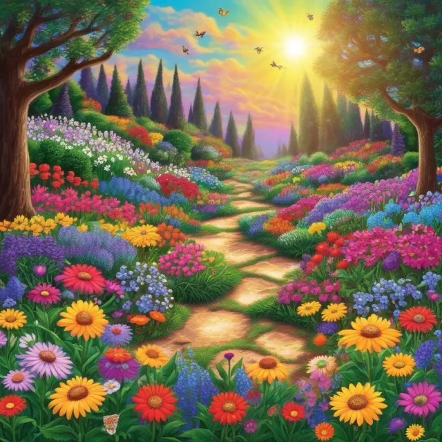 Vibrant options chain garden with bid and ask prices acting as bees, last price as flowers, and net change influencing growth