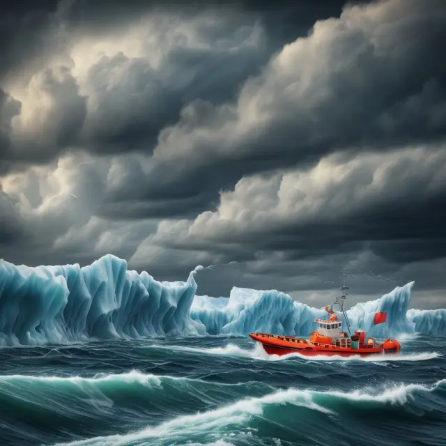 A tumultuous sea filled with options (lifeboats) and icebergs symbolizing inherent risks in the financial market