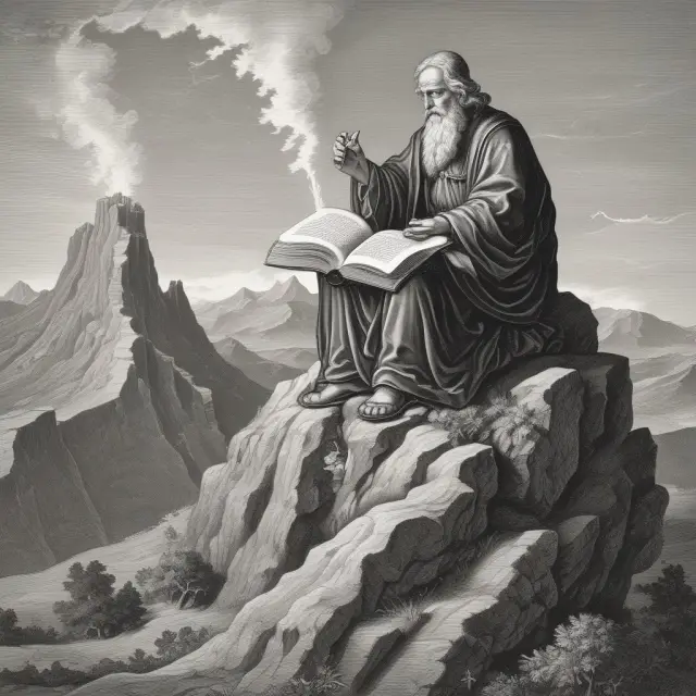 An ancient scholar diligently studying the Options Disclosure Document (ODD) on a mountaintop, surrounded by books and market data.