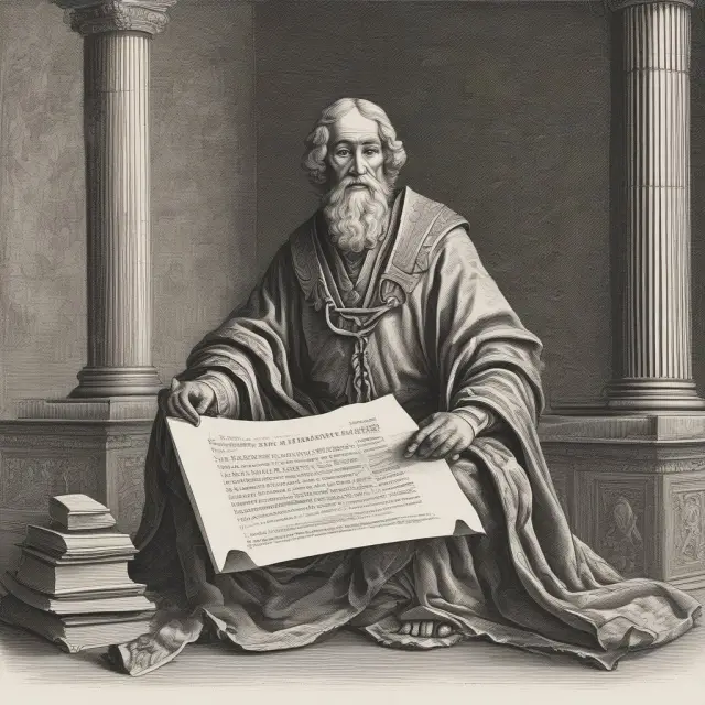 An elderly librarian protects an important-looking scroll labeled