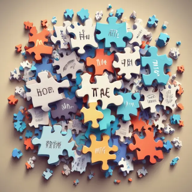 A visual metaphor for option pricing theory as a jigsaw puzzle with pieces representing volatility, interest rate, and time to expiration.