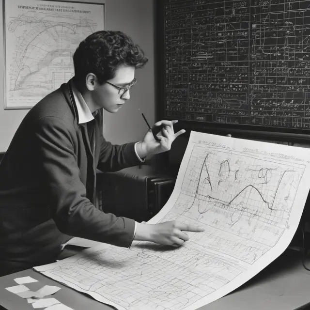 A scholar engrossed in solving the Black-Scholes equation, with graphs for stock prices, strike prices, volatility, time to expiration, risk-free rate, and theoretical option prices.