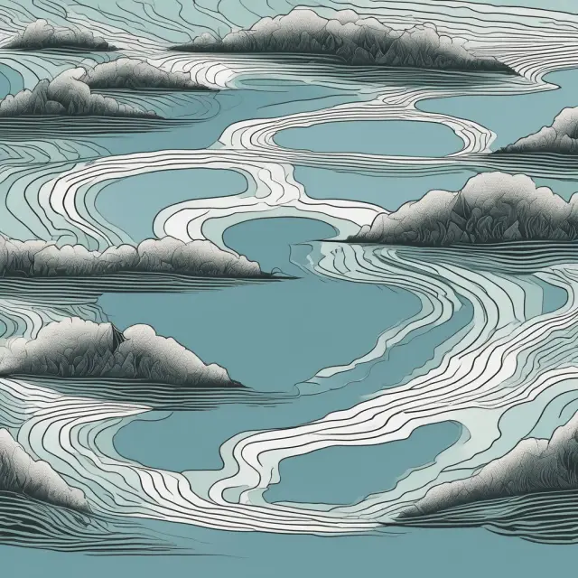 Volatility Skew: A serene lake reveals a hidden smile-shaped relationship between strike prices and implied volatilities, illustrating the impact on option pricing.