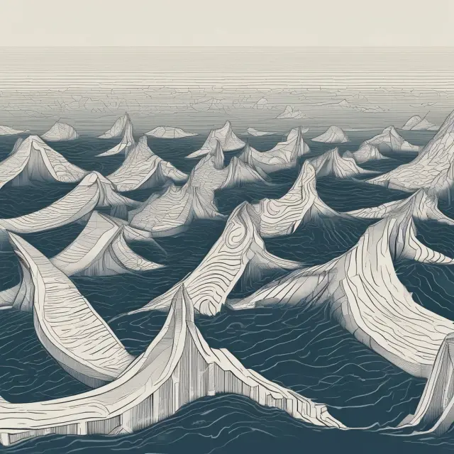 Visualization of option pricing theory in portfolio management, with options floating on a sea of market data, guided by risk and return currents