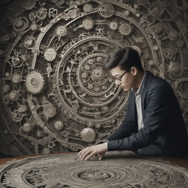 Scholar analyzing intricate option pricing gears, symbolizing ongoing research and advancements in financial markets