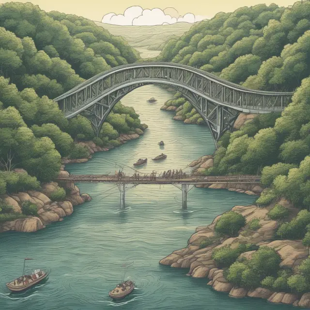 A gathering of financial sponsor corporations crossing a bridge over an options trading river, symbolizing their role in connecting investors to valuable education and resources