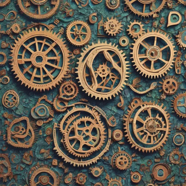 Mosaic of gears illustrating how strike price, expiration date, underlying futures contract price, and time decay affect the pricing of options on futures contracts.