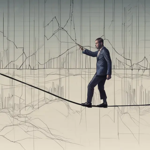 A person expertly balancing on a tightrope above intricate futures options graphs, emphasizing the importance of risk management