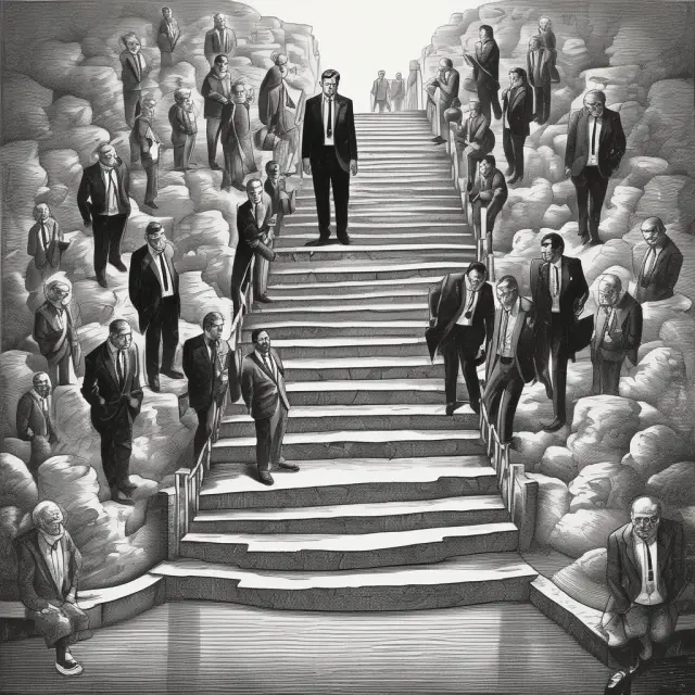 Executives descending to options backdating contracts in a hidden staircase. Ethical concerns regarding stock price manipulation and transparency.