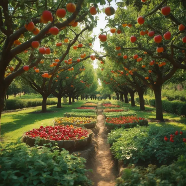 Image of a well-tended garden with various fruit trees symbolizing cash compensations, while an adjacent forest represents RSUs and performance-based equity awards.