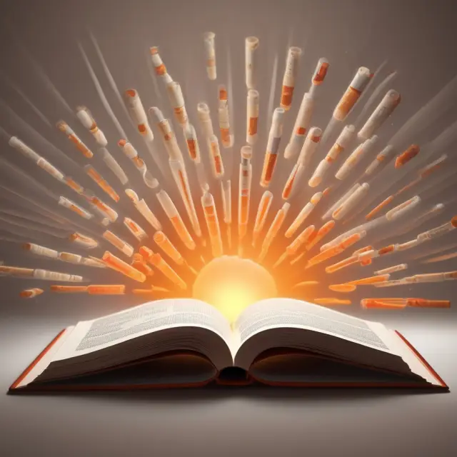 An orange sun casting light on open pages of a book, surrounded by pills – symbolizing the FDA