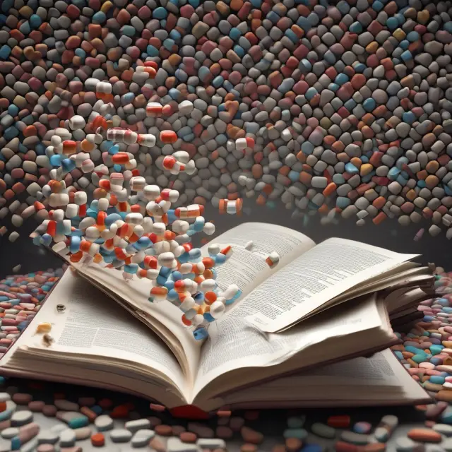 Open Orange Book displaying Prozac and its forms with a waterfall of pills cascading behind, illustrating access to comprehensive drug information.