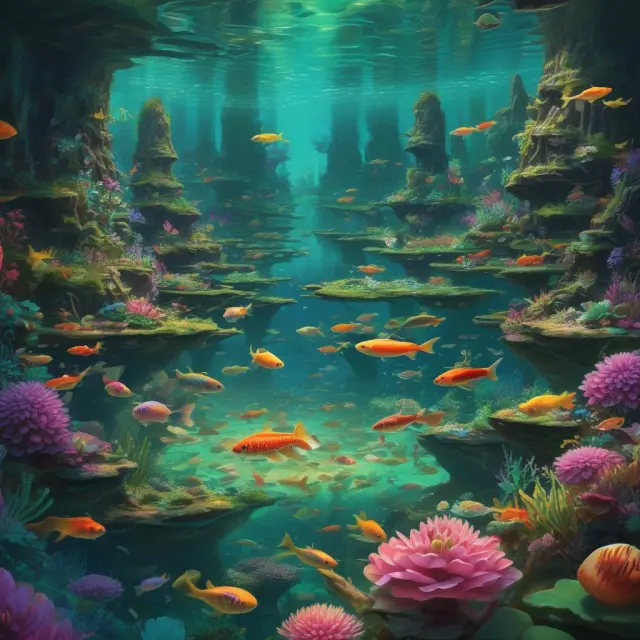 An image of a crystal-clear pond reflecting various buy and sell orders as fish symbols swimming around, with order history depicted as ripples in the water.