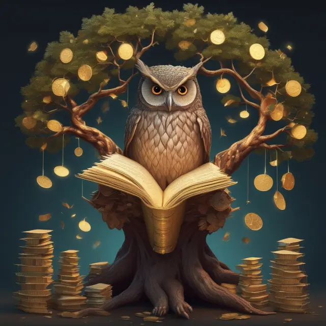 An institutional investor (owl) scrutinizing an order book tree, enriched with golden coins representing potential trades, symbolizing informed decisions and market opportunities.