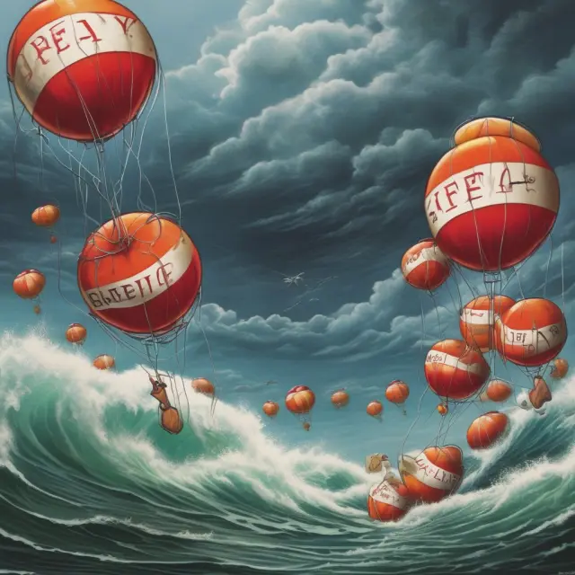 An investor holding on to a lifebuoy amidst turbulent stock market waves, symbolizing the stability provided by using limit orders during order imbalances.