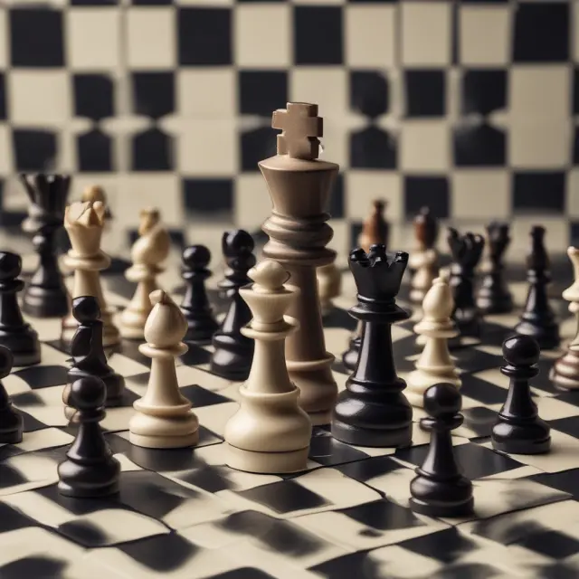 An intricate chessboard featuring order imbalances as pieces: leaks causing knight moves, rumors driving pawn advances, and closing market conditions setting the stage for potential checkmate.