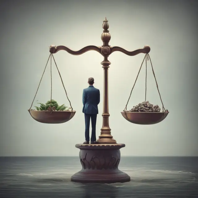An investor weighing securities on a scale during turbulent stock market conditions, emphasizing risk management strategies