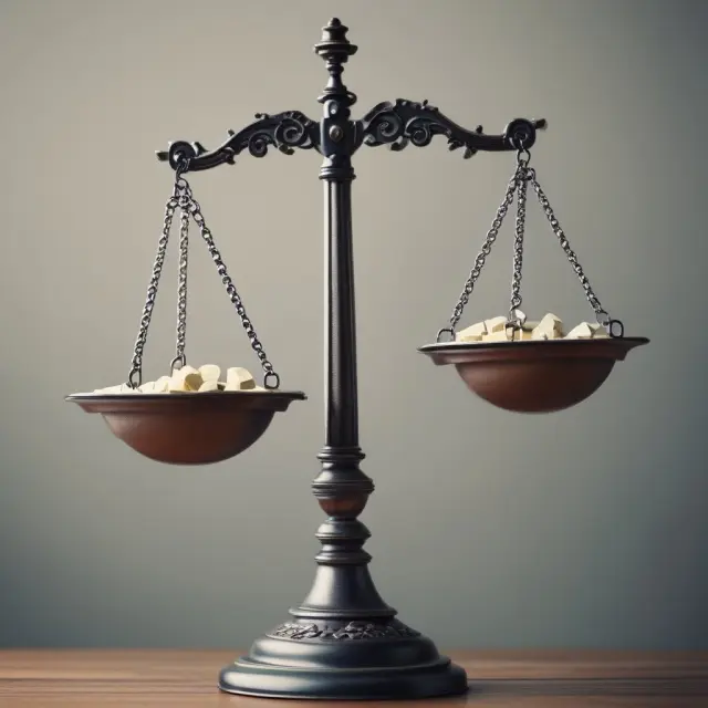 A market balance scale holding a shield labeled 