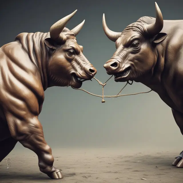 Market orders: Bull and bear swiftly transacting, representing speedy trades with uncertain prices.