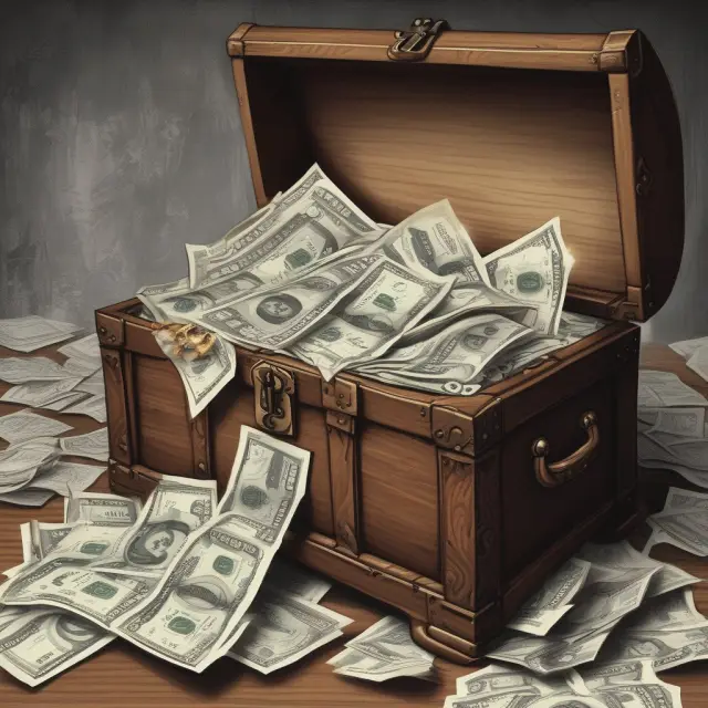 Treasure chest filled with various financial instruments - personal checks, registered bonds, bills of exchange, and promissory notes