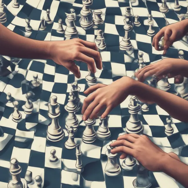 Two hands - one representing Fintech and the other traditional market players - joining together over a transparent market chessboard, symbolizing collaboration for fair and orderly markets