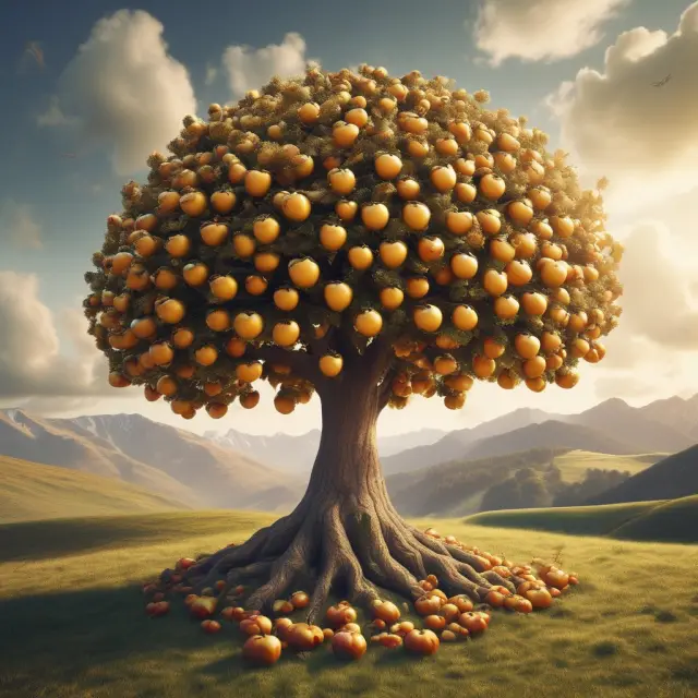 Golden tree with ripe dividend apples, symbolizing corporations rewarding loyal investors
