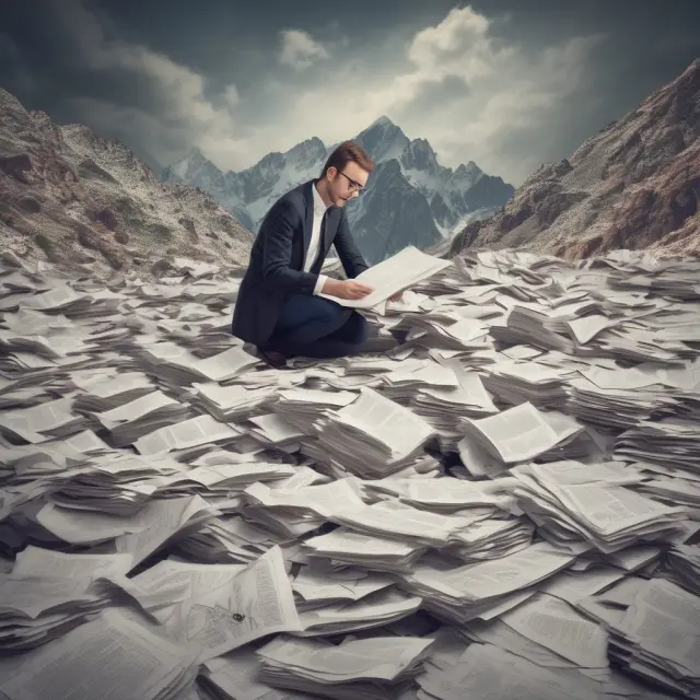 An accountant meticulously searching for and discovering ordinary losses in a pile of financial records