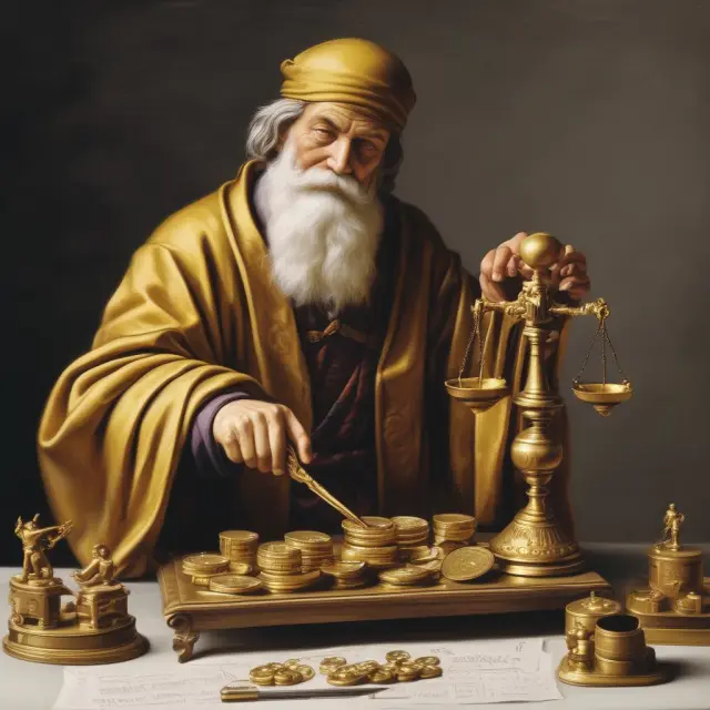Golden scholar weighing present value calculation for an ordinary annuity using a scale, surrounded by symbols of interest rate and time.