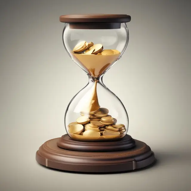 Golden coin passing through an hourglass: Visual representation of the transition from ordinary annuity to annuity due, emphasizing payment timing differences.
